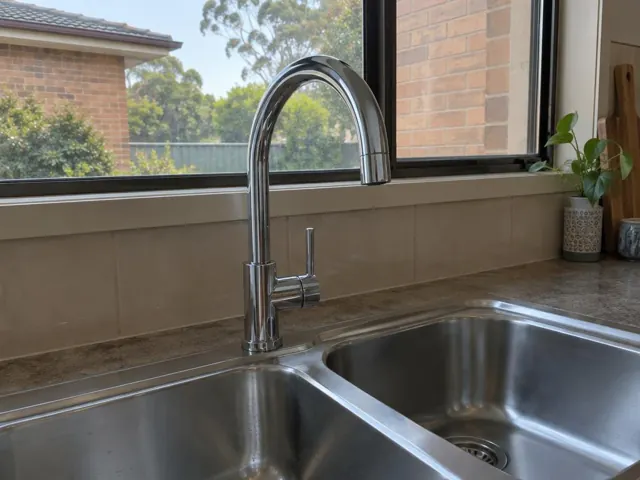 Chrome kitchen mixer tap over a stainless steel double sink beneath a window in a tiled kitchen in Glenhaven